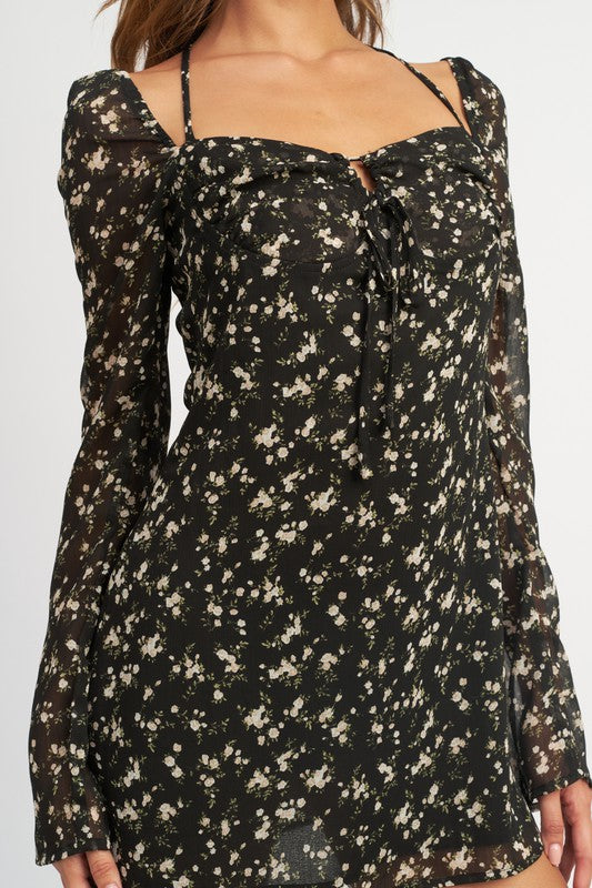 Floral Long Sleeve Dress With Halter Detail By Emory Park