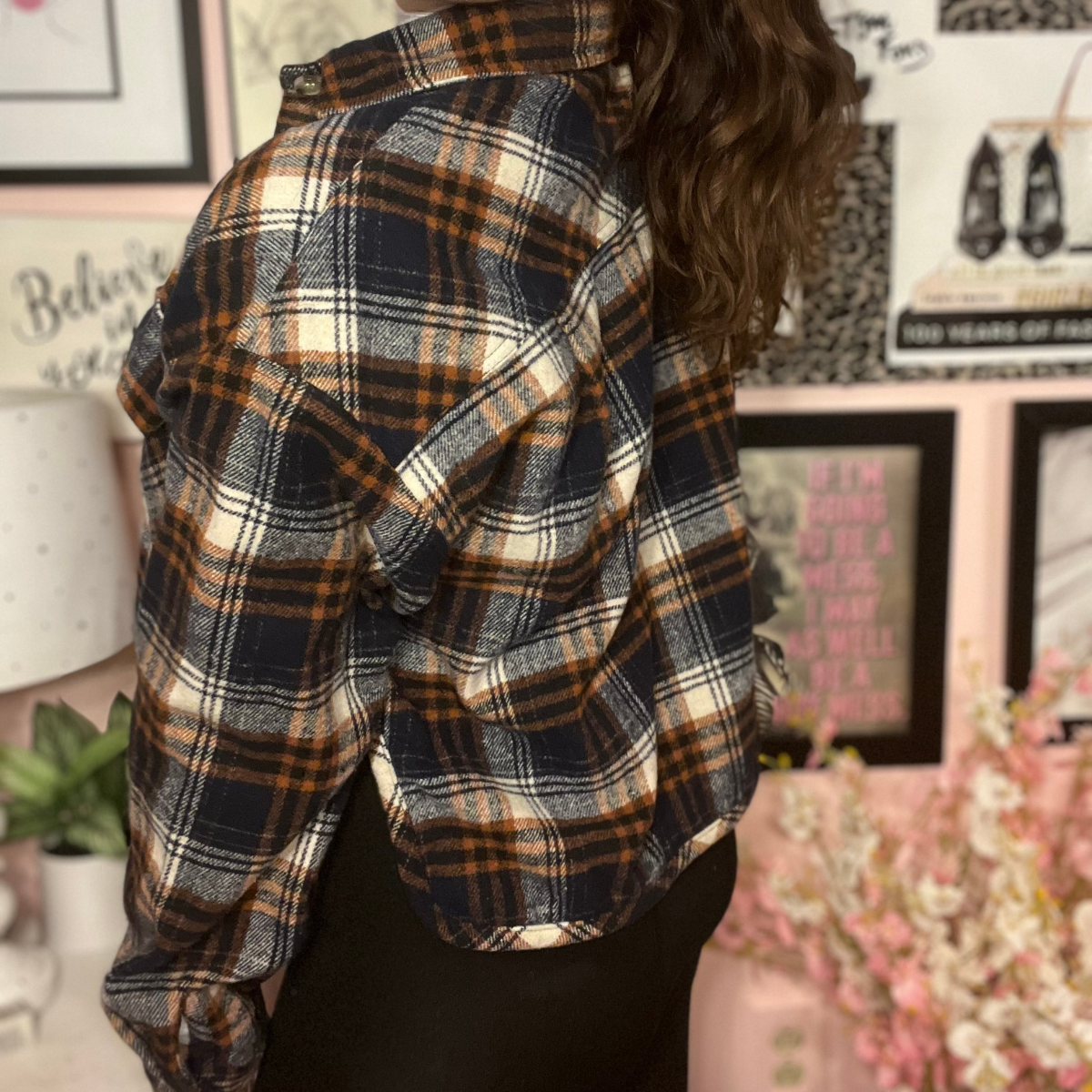 Navy Plaid Cropped Shacket - by Buttermelon - Navy Blue, Orange, Collar, Oversized, Perfect for Layering