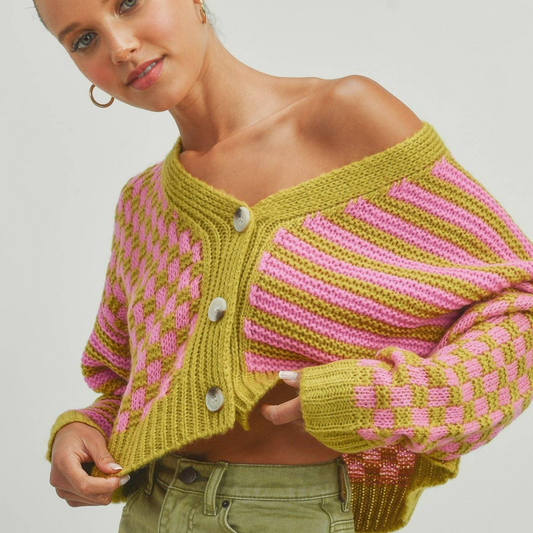 Pink and Green Patterned Button Up Sweater - Cropped, Oversized Fit, Button Closure, by Buttermelon