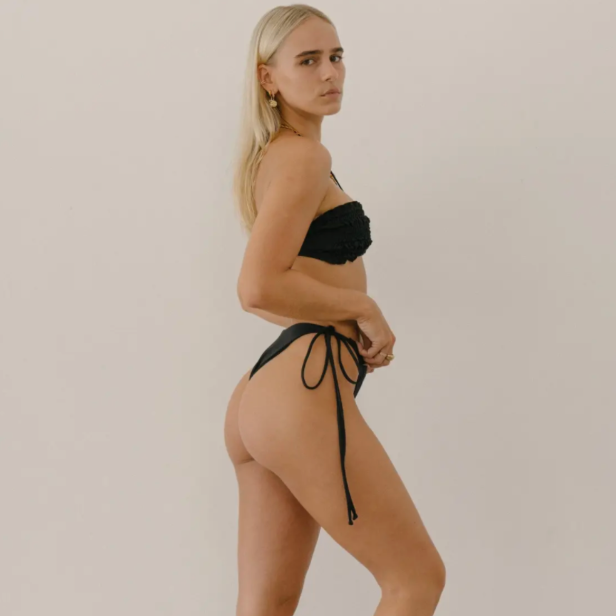 Ziemia Bikini - Black, Smocked Bandeau Top with Optional Halter Tie, by TIALS, Made in Bali, Side Tie Bottoms, Minimal Coverage Bottoms