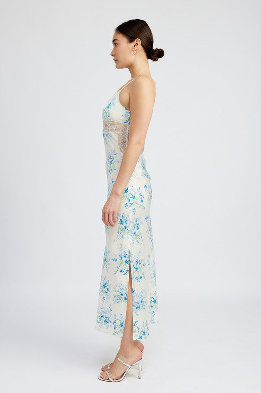 Light Blue Floral Slip Dress Wtih Lace Detail By Emory Park