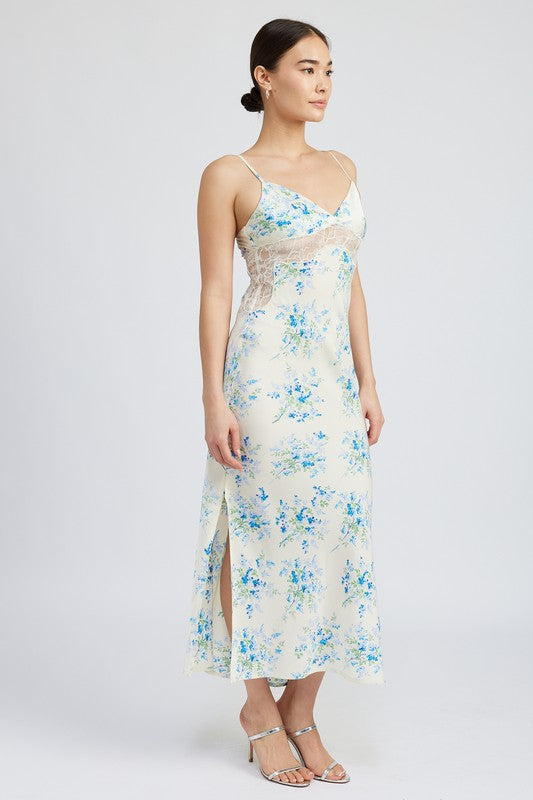 Light Blue Floral Slip Dress Wtih Lace Detail By Emory Park