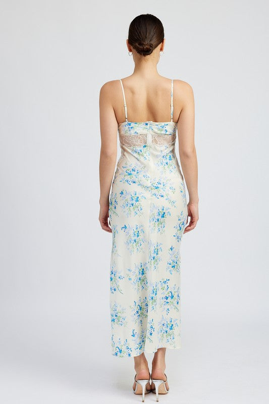 Light Blue Floral Slip Dress Wtih Lace Detail By Emory Park