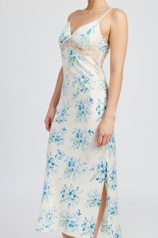 Light Blue Floral Slip Dress Wtih Lace Detail By Emory Park