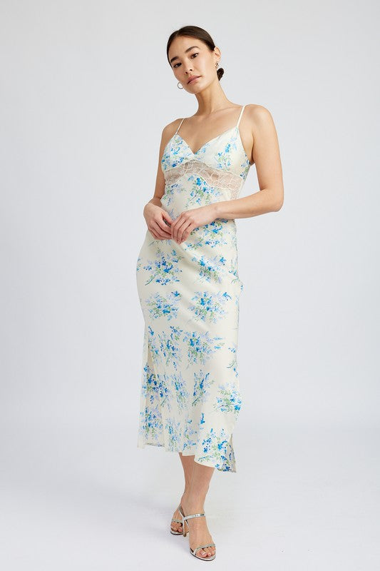 Light Blue Floral Slip Dress Wtih Lace Detail By Emory Park