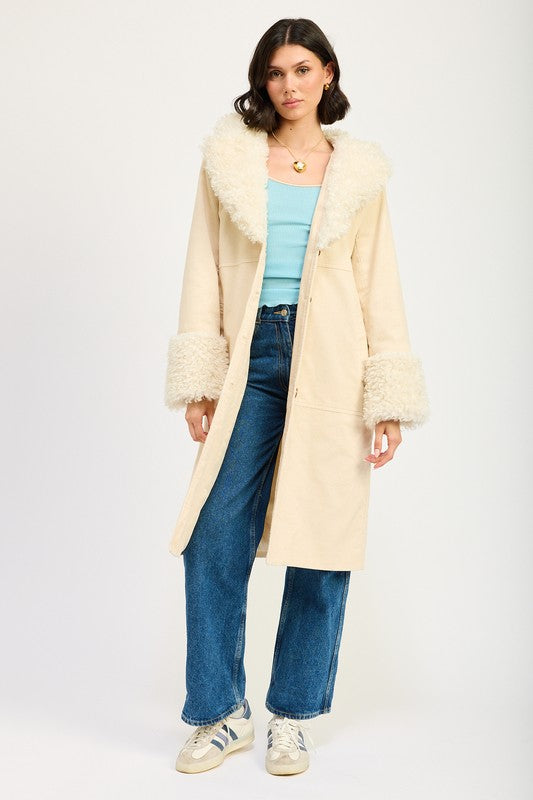 Faux Fur Mid-Length Trench Coat