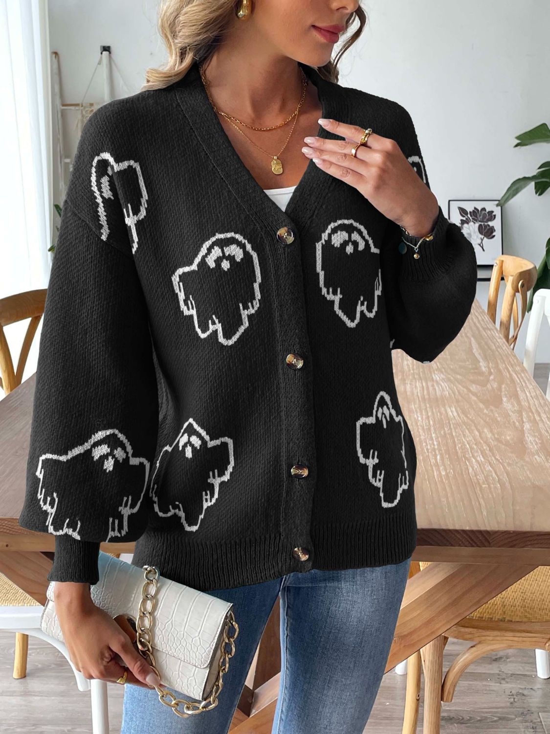 Ghosted V-Neck Dropped Shoulder Cardigan