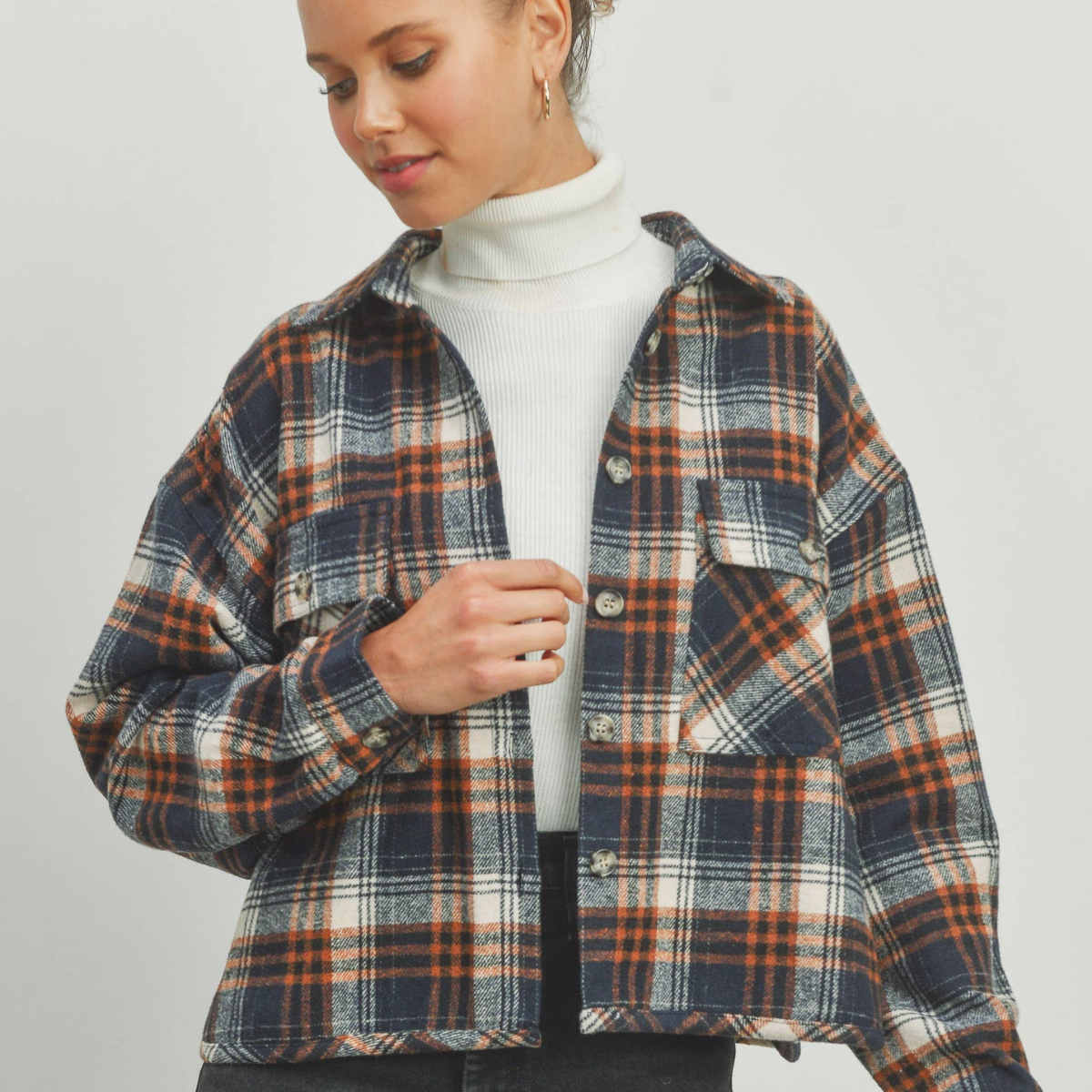 Navy Plaid Cropped Shacket - by Buttermelon - Navy Blue, Orange, Collar, Oversized, Perfect for Layering