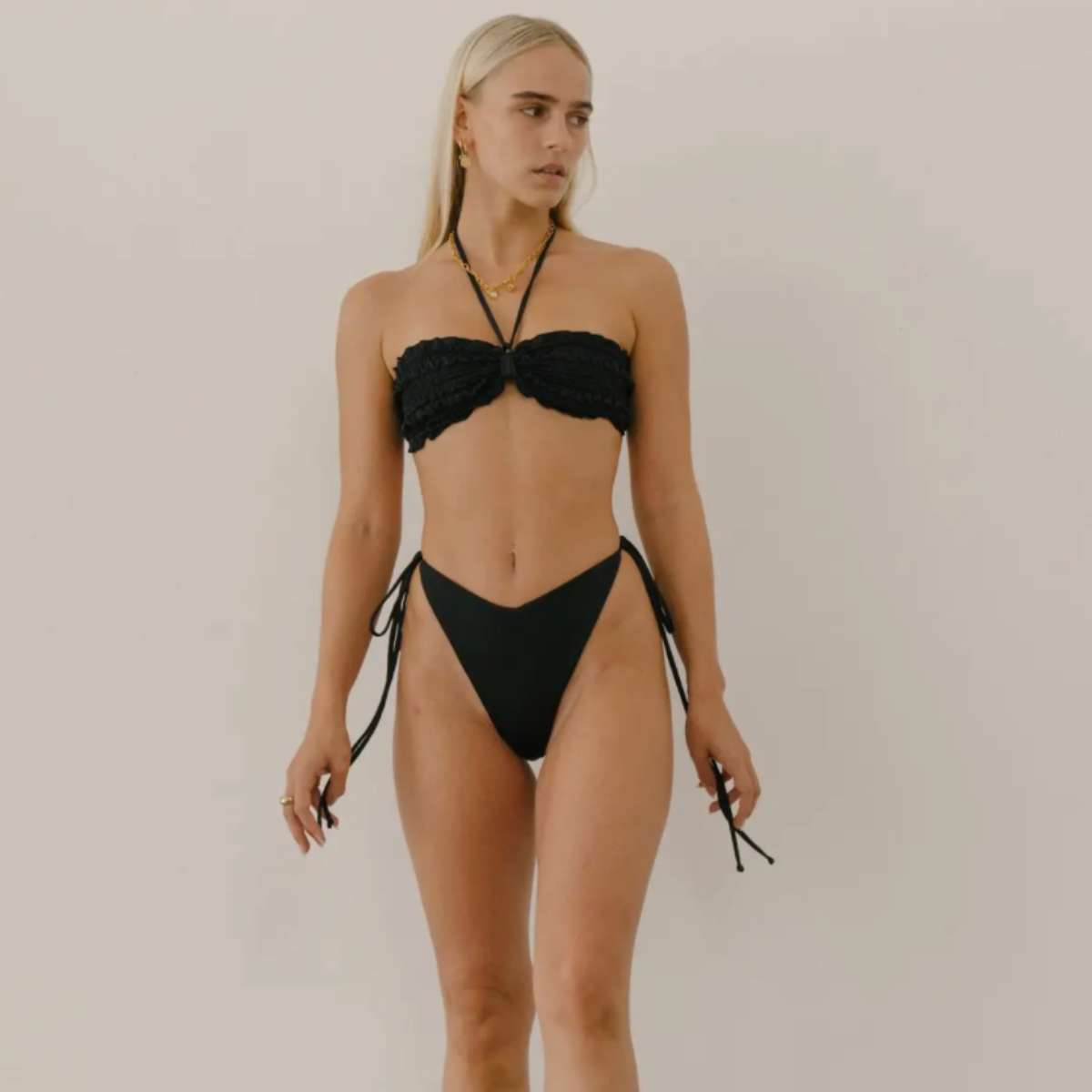 Ziemia Bikini - Black, Smocked Bandeau Top with Optional Halter Tie, by TIALS, Made in Bali, Side Tie Bottoms, Minimal Coverage Bottoms
