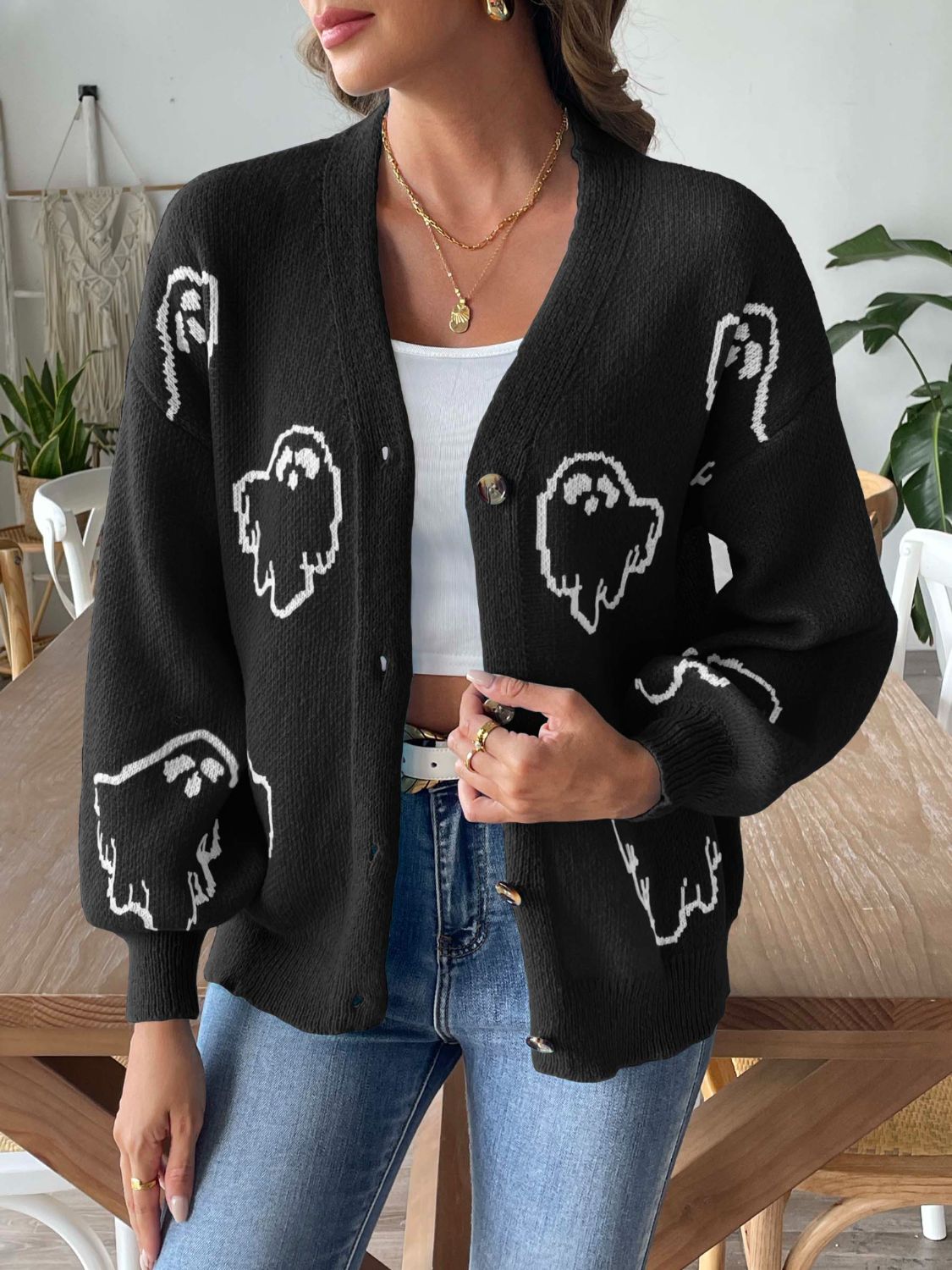 Ghosted V-Neck Dropped Shoulder Cardigan