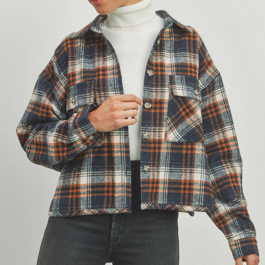 Navy Plaid Cropped Shacket - by Buttermelon - Navy Blue, Orange, Collar, Oversized, Perfect for Layering