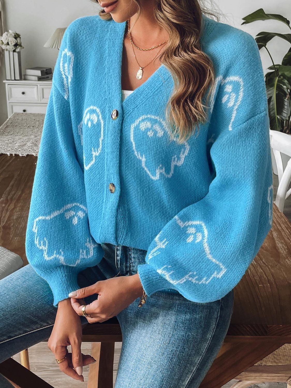 Ghosted V-Neck Dropped Shoulder Cardigan