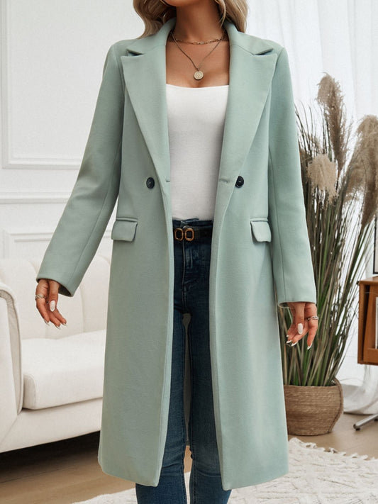 The Avery Collar Coat is a chic and versatile piece that adds a touch of elegance to any outfit. This coat is available in various sophisticated shades, including tan, taupe, sage, and dark gray. It features a classic notched collar, double-breasted design with buttons, and structured tailoring for a polished look.