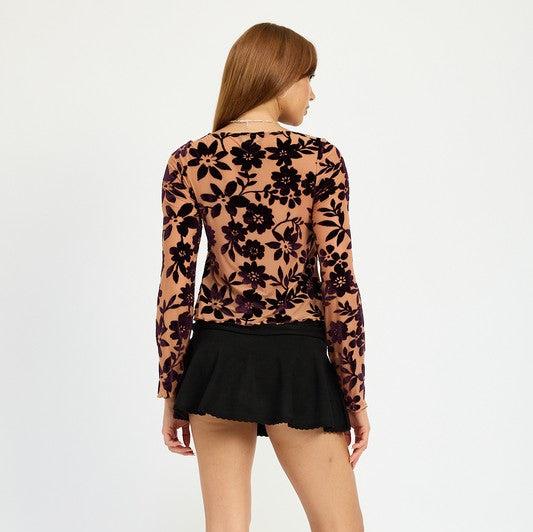 Floral Print Long Sleeve Flyaway Top