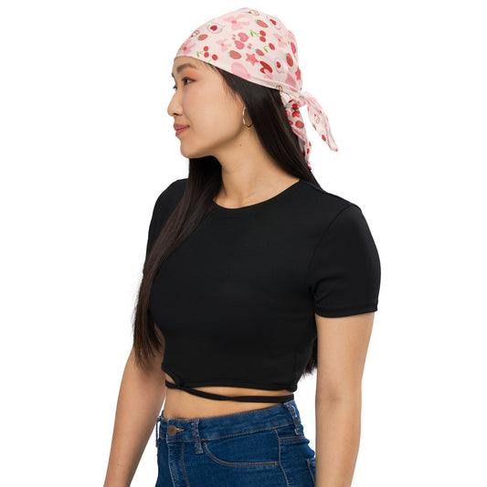 Model wearing Please Please Please Love Yourself Bandana in Large size, pink color, perfect for headscarf or accessories.