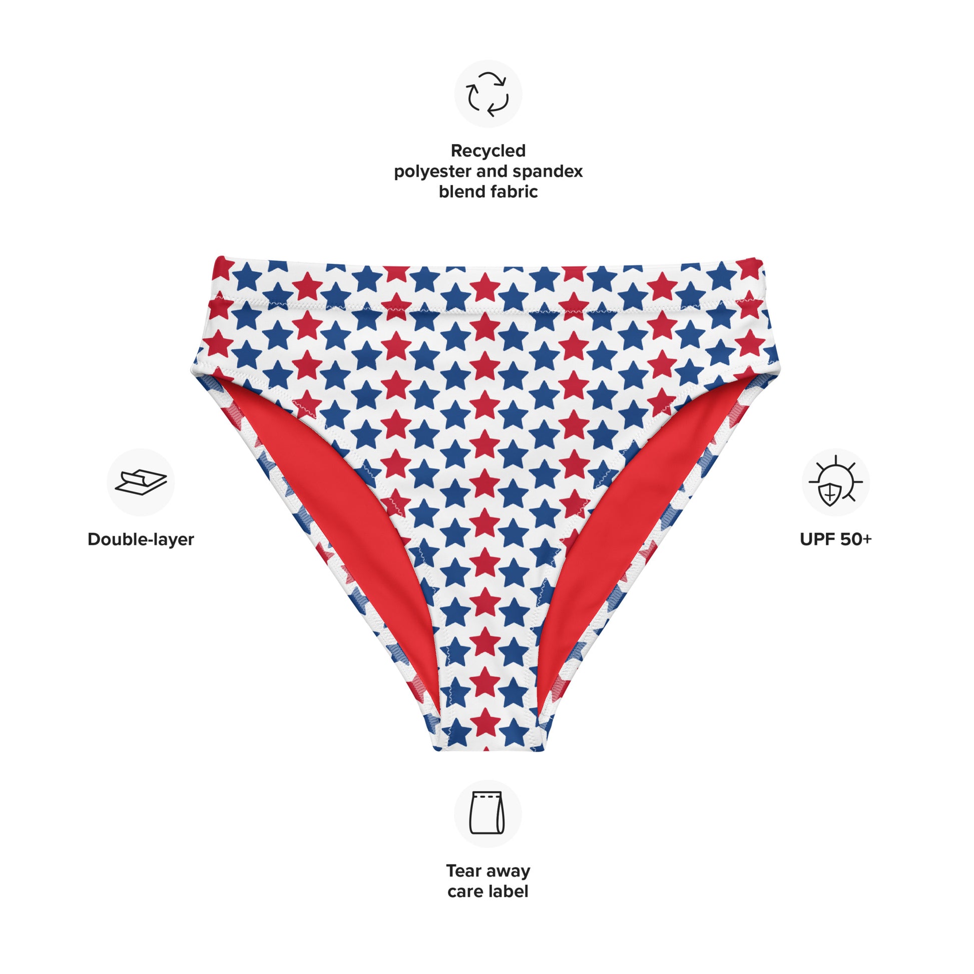 Discover the Red, White, And Stars Recycled High-Waisted Bikini Bottom, crafted for both comfort and sustainability. This eco-conscious design features a double-layered construction for added support and a flattering silhouette. Pair it seamlessly with our matching top for a coordinated beach ensemble or a laid-back day at the spa.  - Double-layered for extra support - Tear-away care label