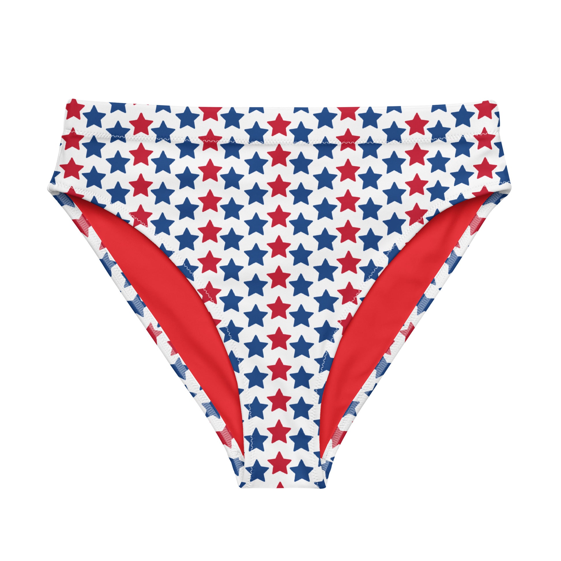 Discover the Red, White, And Stars Recycled High-Waisted Bikini Bottom, crafted for both comfort and sustainability. This eco-conscious design features a double-layered construction for added support and a flattering silhouette. Pair it seamlessly with our matching top for a coordinated beach ensemble or a laid-back day at the spa.  - Double-layered for extra support - Tear-away care label