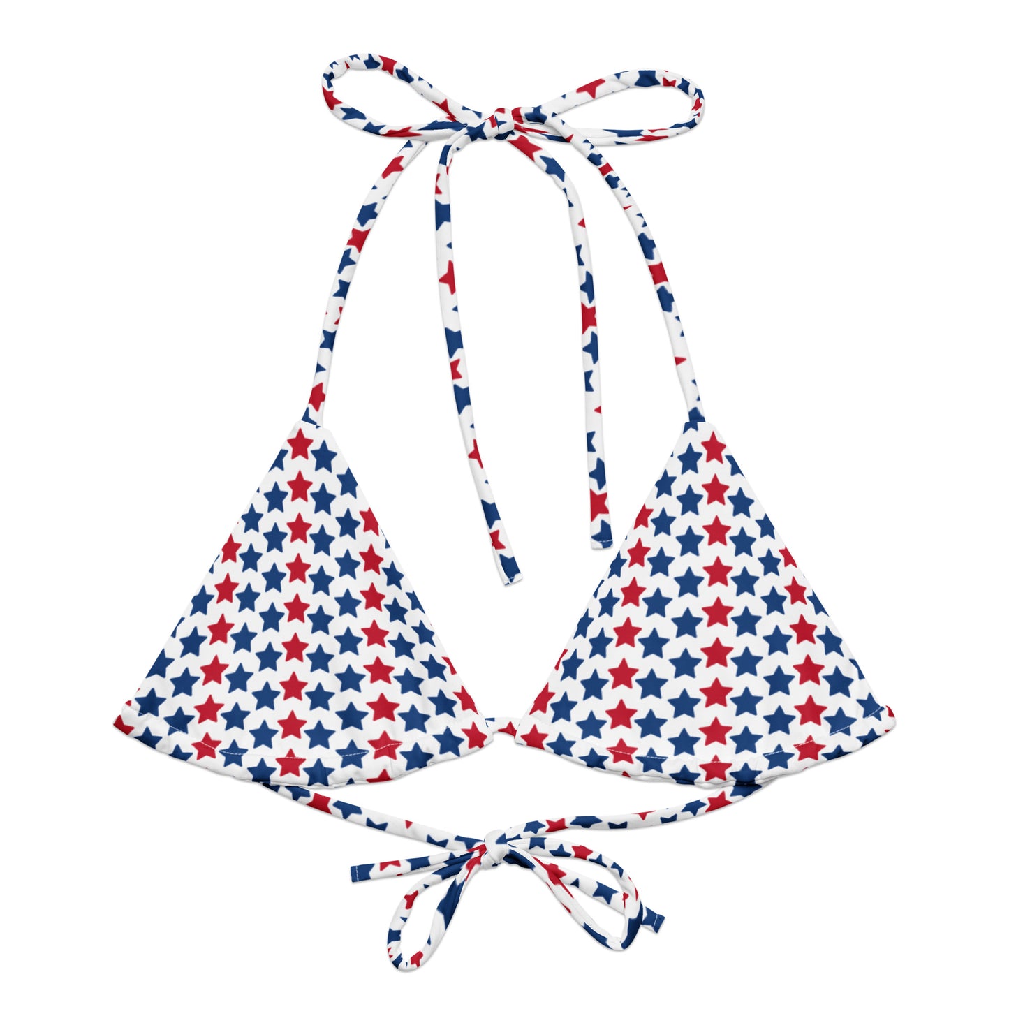 Elevate your swimwear collection with our Red, White, And Stars All-Over Print Recycled String Bikini Top. This stylish and eco-friendly top features a vibrant star pattern that’s perfect for showcasing your patriotic spirit. Made from recycled materials, it offers both fashion and sustainability. The adjustable string ties provide a customized fit, ensuring comfort for all your beach or poolside adventures.