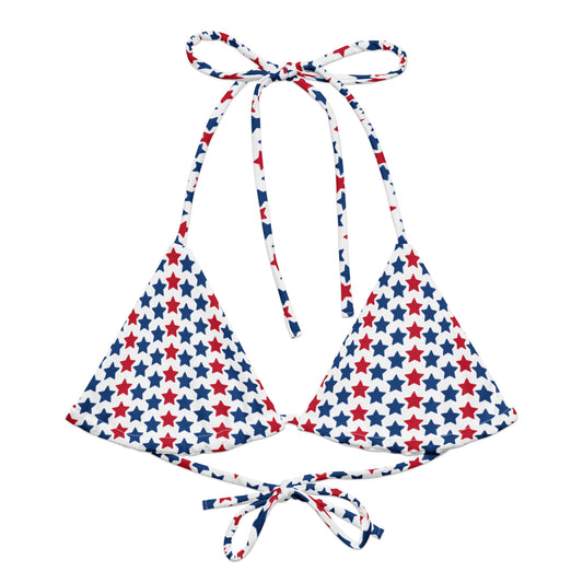 Elevate your swimwear collection with our Red, White, And Stars All-Over Print Recycled String Bikini Top. This stylish and eco-friendly top features a vibrant star pattern that’s perfect for showcasing your patriotic spirit. Made from recycled materials, it offers both fashion and sustainability. The adjustable string ties provide a customized fit, ensuring comfort for all your beach or poolside adventures.