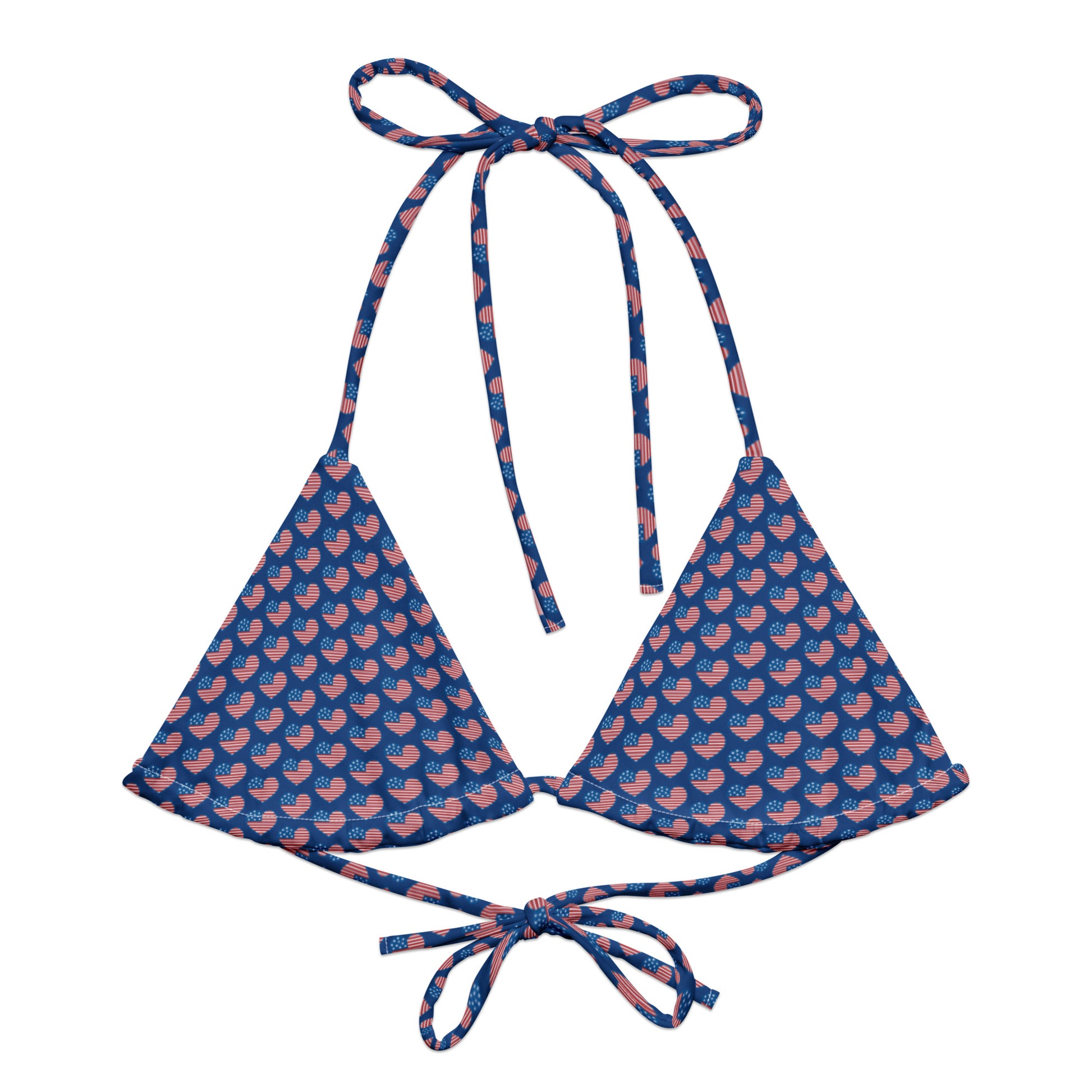 Elevate your swimwear collection with our American Hearts All-Over Print Recycled String Bikini Top. This stylish and eco-friendly top features a vibrant heart pattern that’s perfect for showcasing your patriotic spirit. Made from recycled materials, it offers both fashion and sustainability. The adjustable string ties provide a customized fit, ensuring comfort for all your beach or poolside adventures.