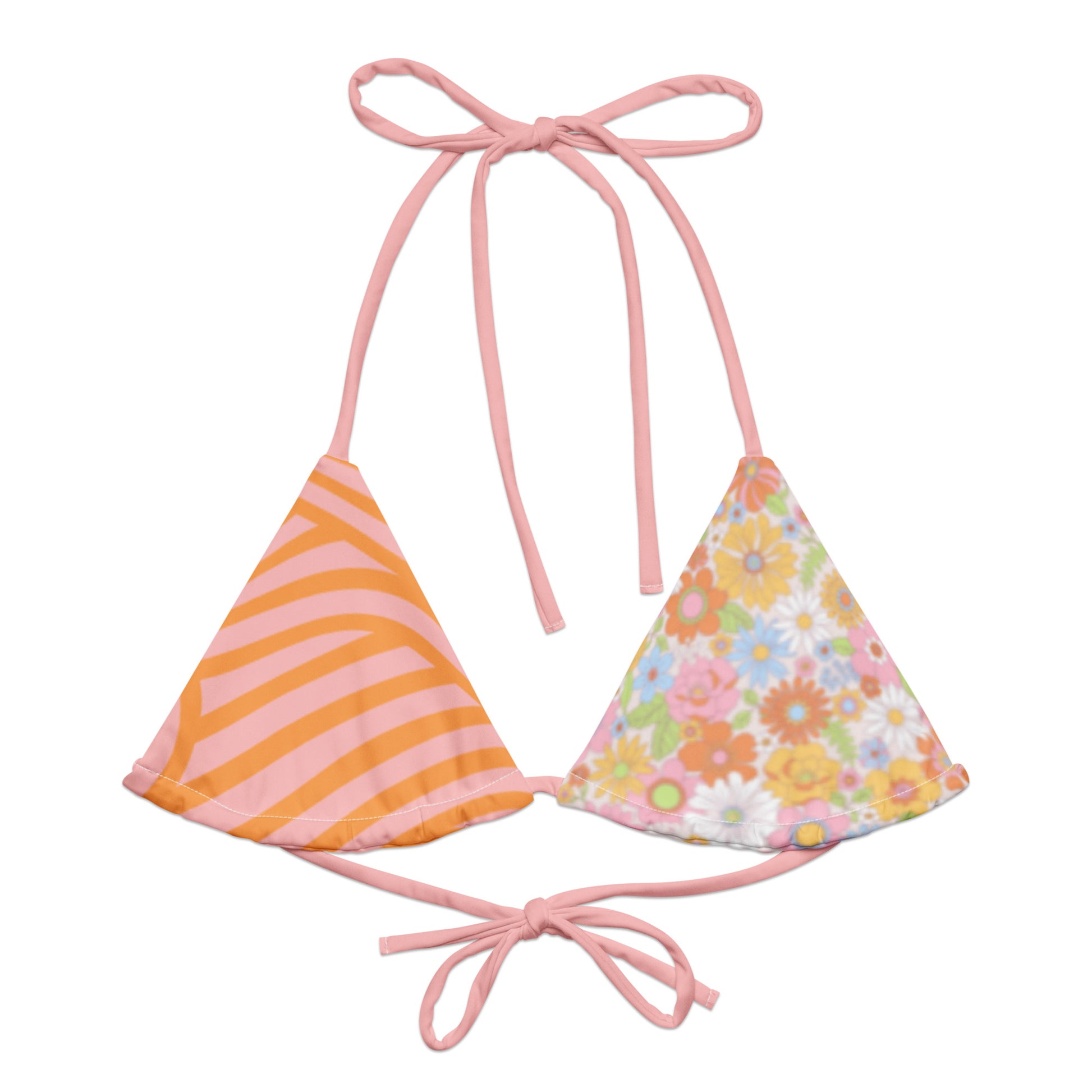 Get ready for summer with our Wavy Floral Recycled String Bikini Top. Made from soft recycled polyester with UPF 50+, this bikini top features flexible and adjustable straps for versatile styling. Available in sizes 2XS - 6XL, it comes with removable padding for added comfort.  Each piece is made to order, helping to reduce overproduction and promote sustainable fashion. Order now and complete your swim-ready outfit with this cute and environmentally conscious bikini top.