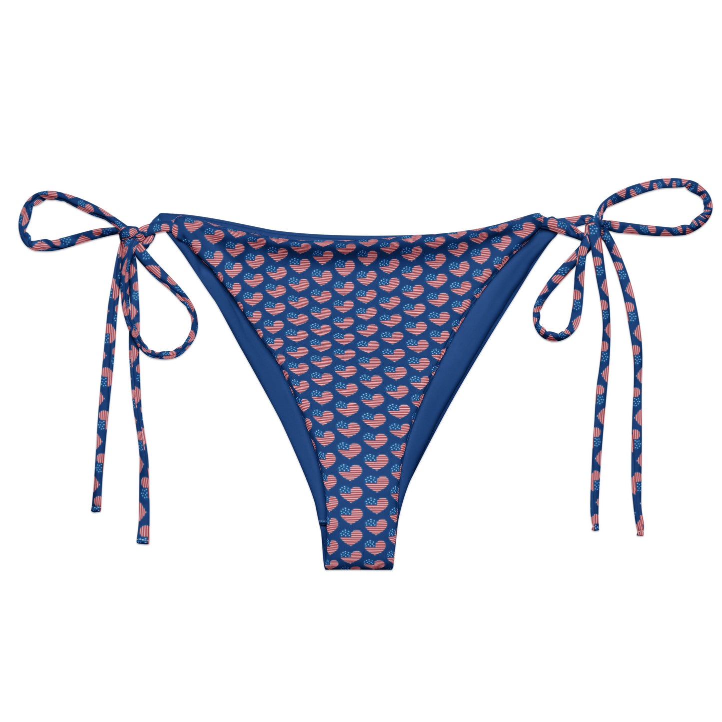 Discover our American Hearts All-Over Print Recycled String Bikini Bottom, a chic and sustainable swimwear option perfect for showing your patriotic spirit. Crafted from eco-friendly recycled materials, this bikini bottom features a stylish heart pattern in vibrant colors. Ideal for beach days or poolside lounging, its adjustable string ties ensure a perfect fit.