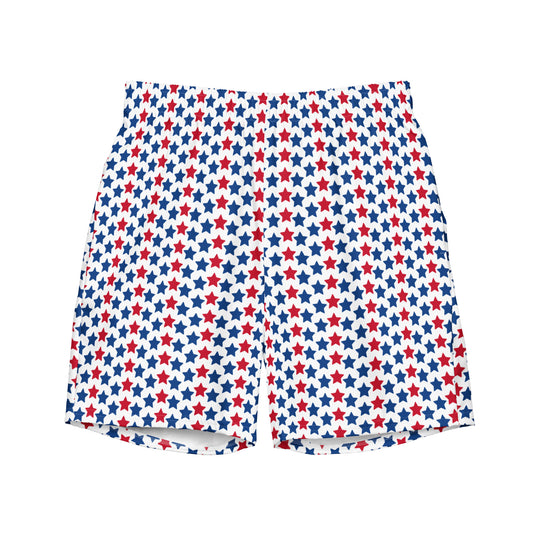 Red, White, And Stars Men's Swim Trunks - Perfect for a hot summer day, these swim trunks offer everything you need: quick-drying, breathable fabric, multiple pockets for your belongings, and a silky, anti-chafe inner liner. Get yours now!  • Anti-chafe mesh inner liner • Elastic waistband with drawcord • Mesh pockets • Small inside pocket for valuables (not waterproof) • UPF 50+