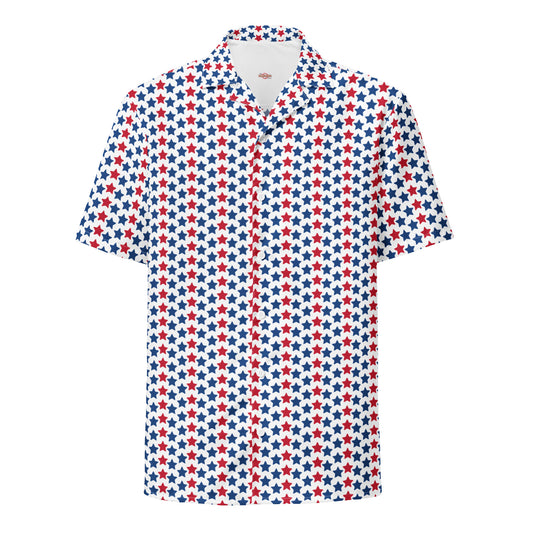 Red, White, And Stars Unisex Button Shirt - Your new go-to summer shirt! Combining stylish design with featherlight, moisture-wicking material, it ensures you stay cool and comfortable even on the hottest days.