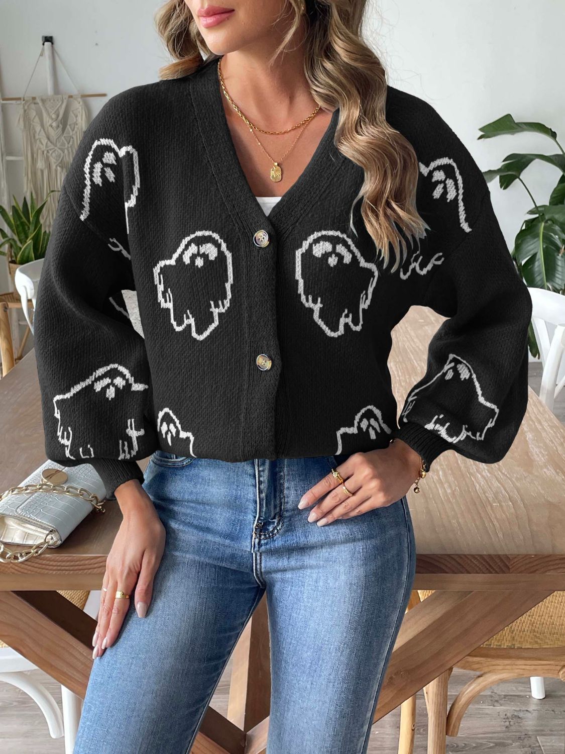 Ghosted V-Neck Dropped Shoulder Cardigan