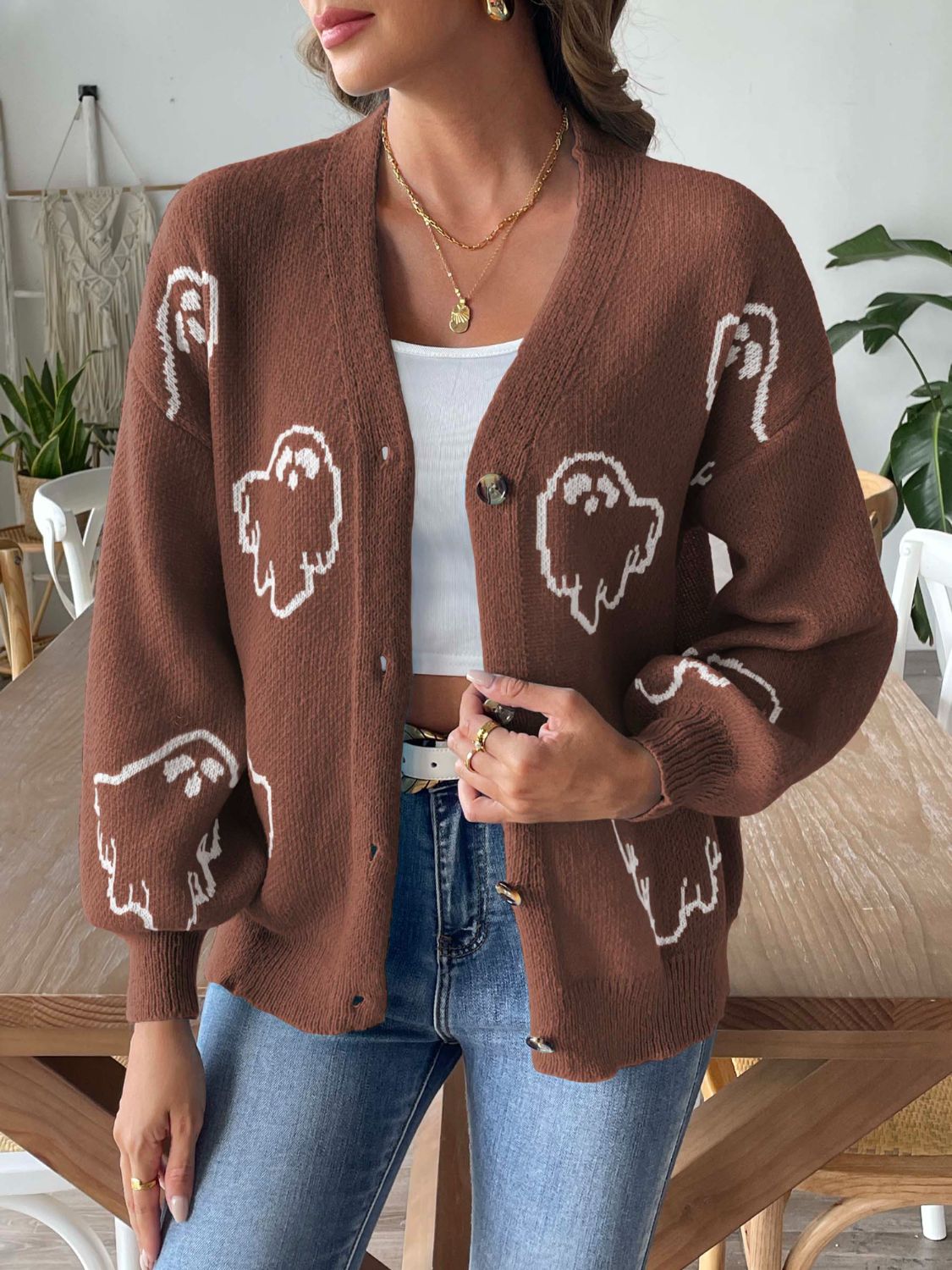 Ghosted V-Neck Dropped Shoulder Cardigan