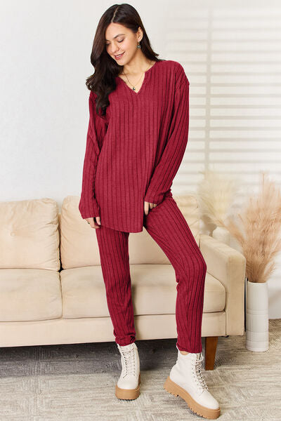 Ribbed Long Sleeve Top and Pants Set - Basic Bae