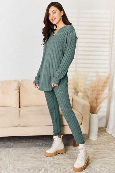 Ribbed Long Sleeve Top and Pants Set - Basic Bae