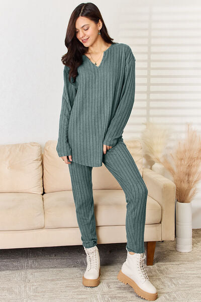 Ribbed Long Sleeve Top and Pants Set - Basic Bae