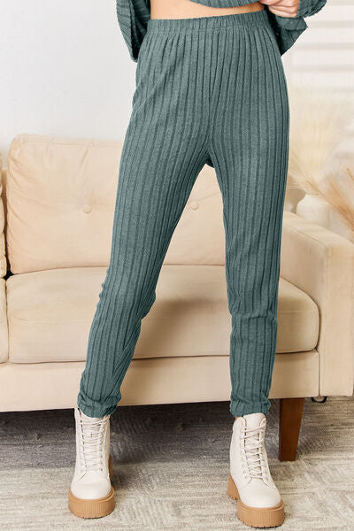 Ribbed Long Sleeve Top and Pants Set - Basic Bae