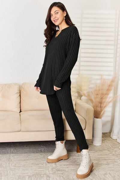 Ribbed Long Sleeve Top and Pants Set - Basic Bae